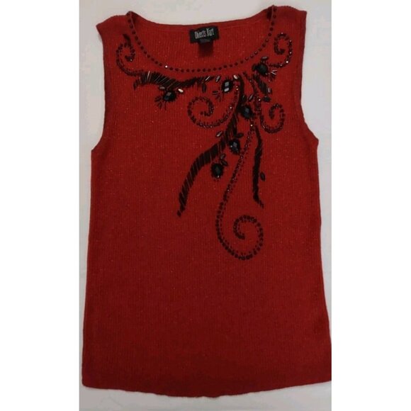 Objects D'art Black Beaded Cotton Metallic Red Sleeveless Sweater Shirt Size M - Picture 1 of 10